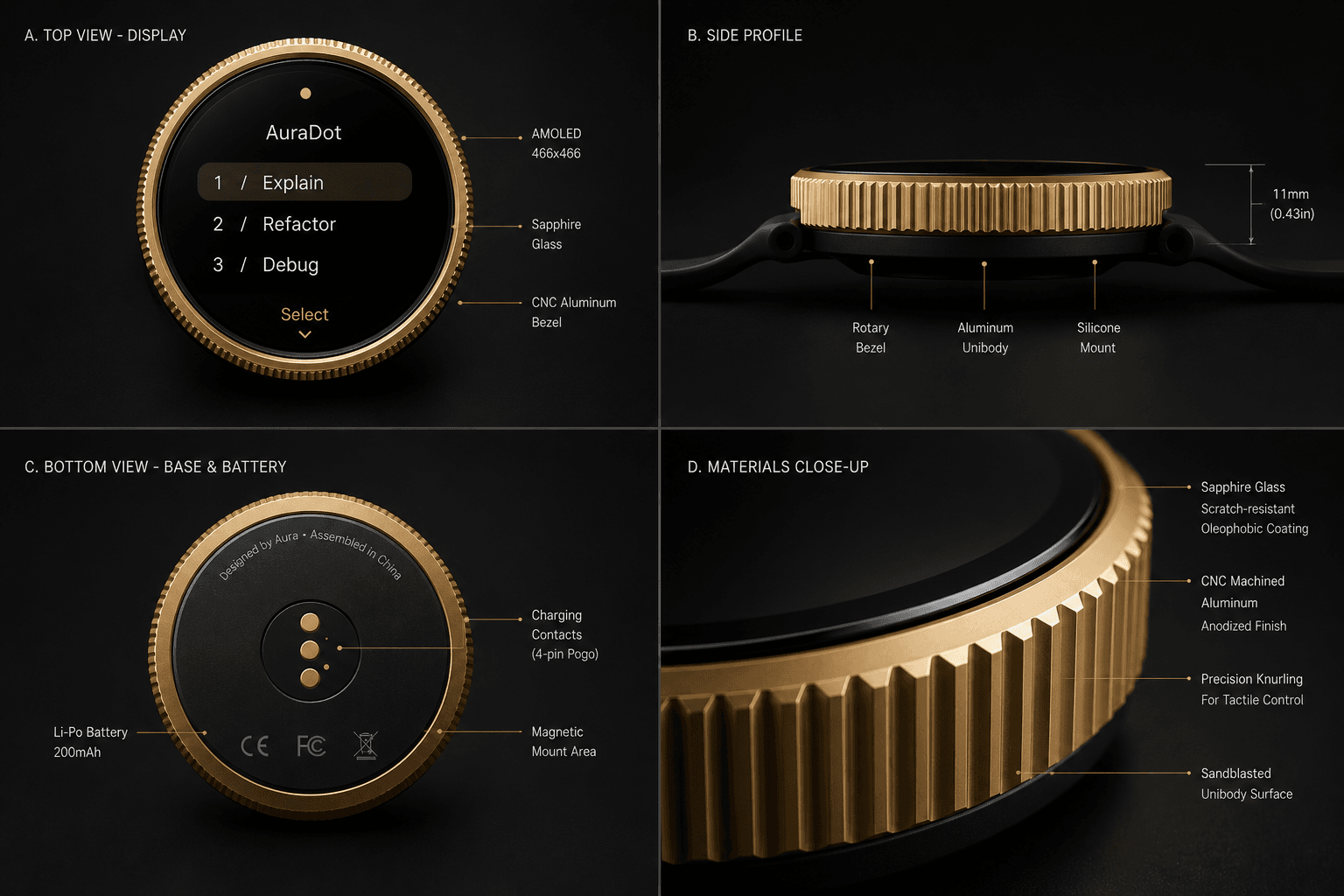 AuraDot exploded view — display, profile, base, materials